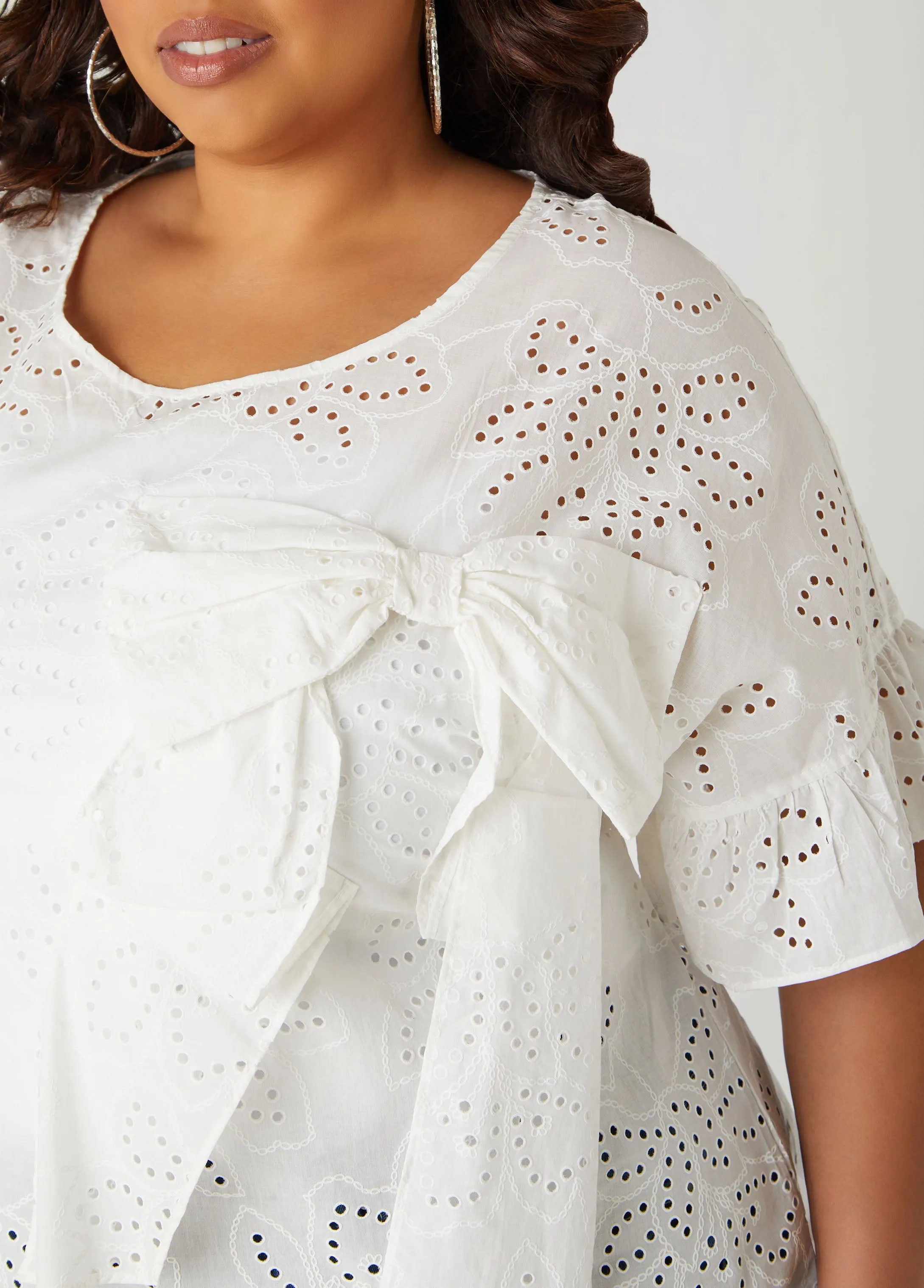 Bow Embellished Eyelet Blouse