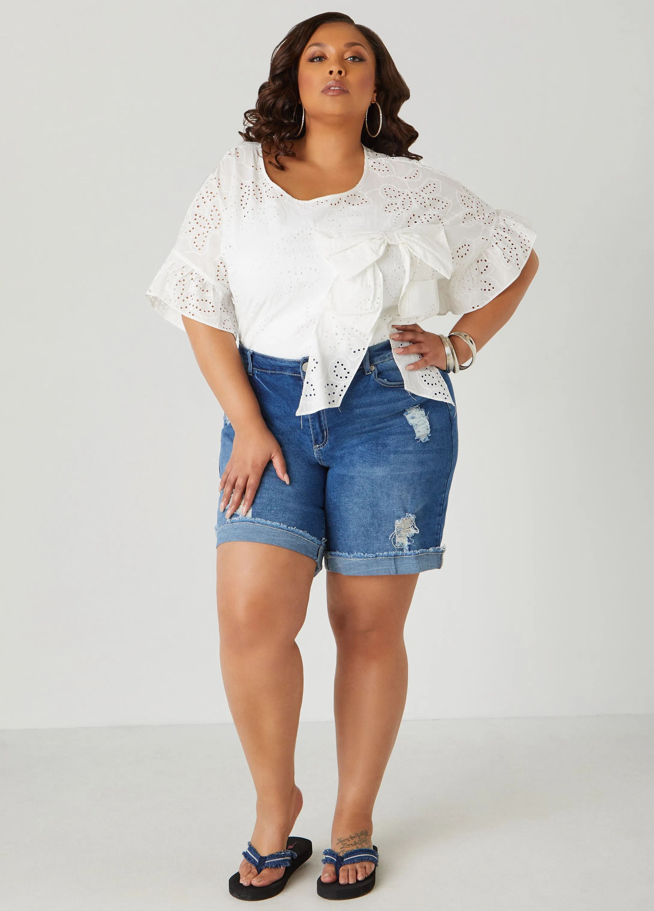 Bow Embellished Eyelet Blouse