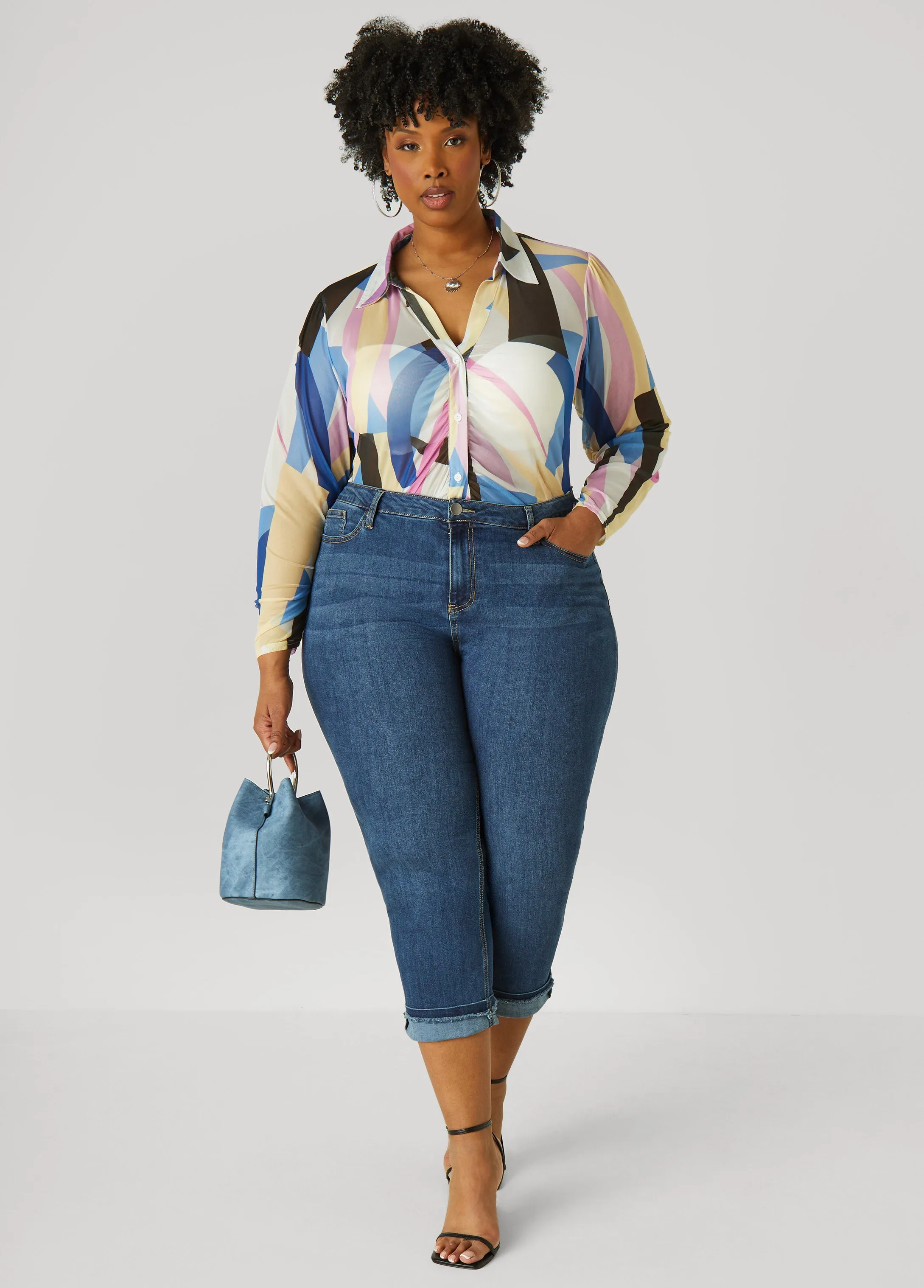 Gathered Abstract Print Mesh Shirt