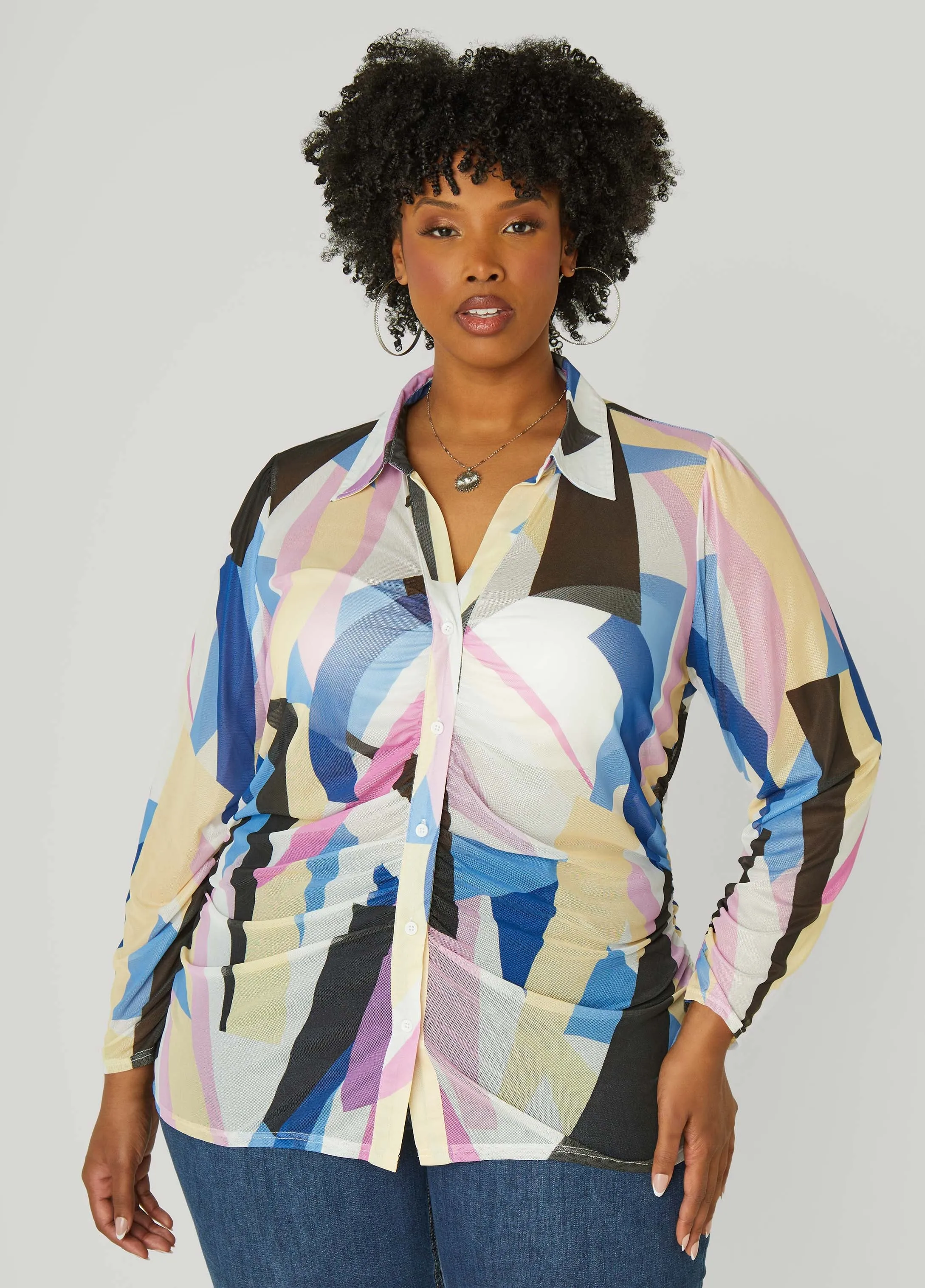 Gathered Abstract Print Mesh Shirt