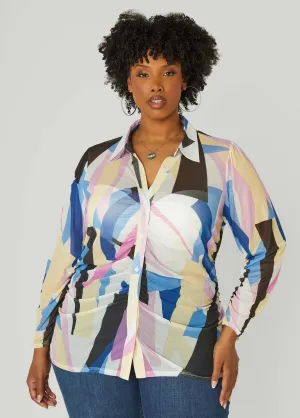 Gathered Abstract Print Mesh Shirt