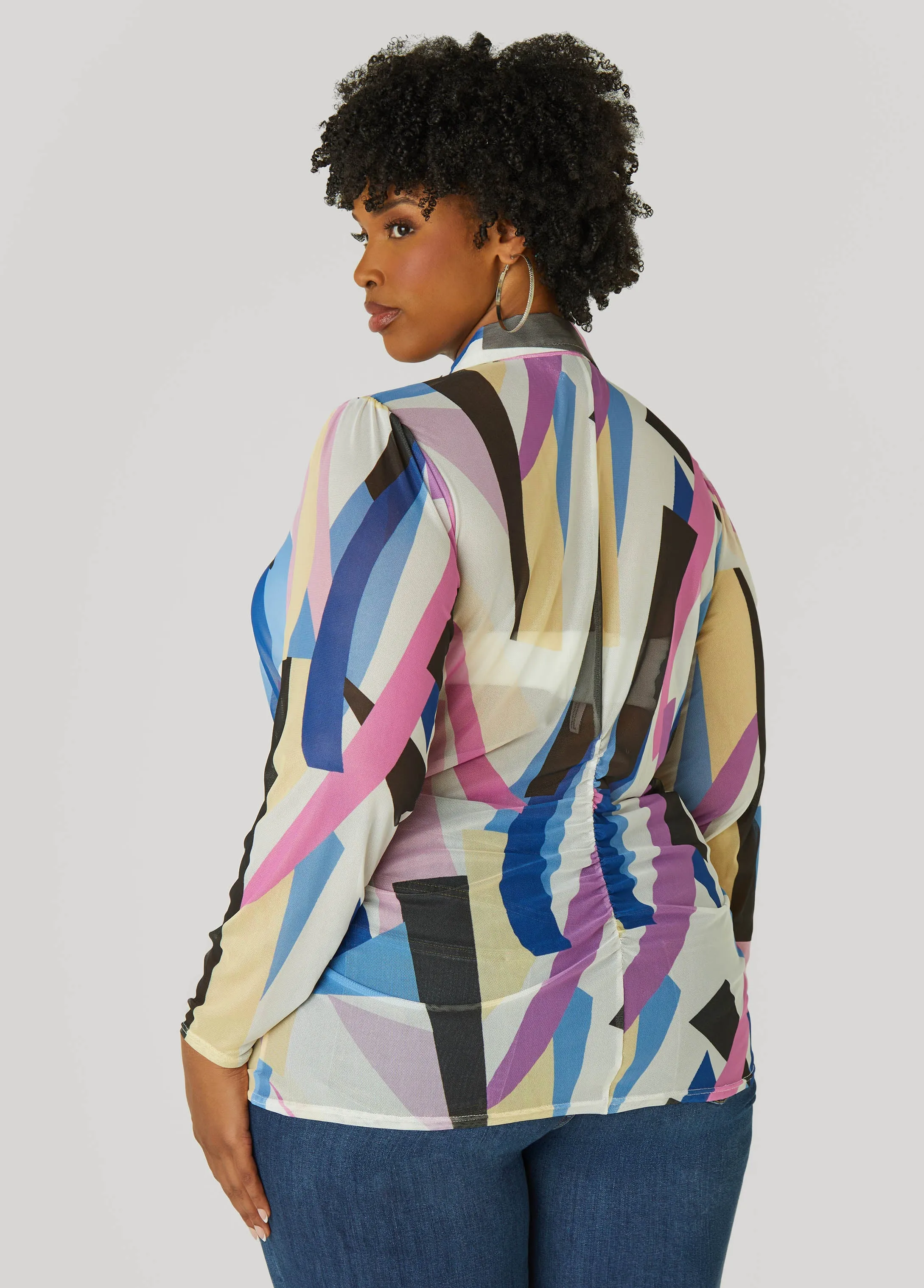 Gathered Abstract Print Mesh Shirt