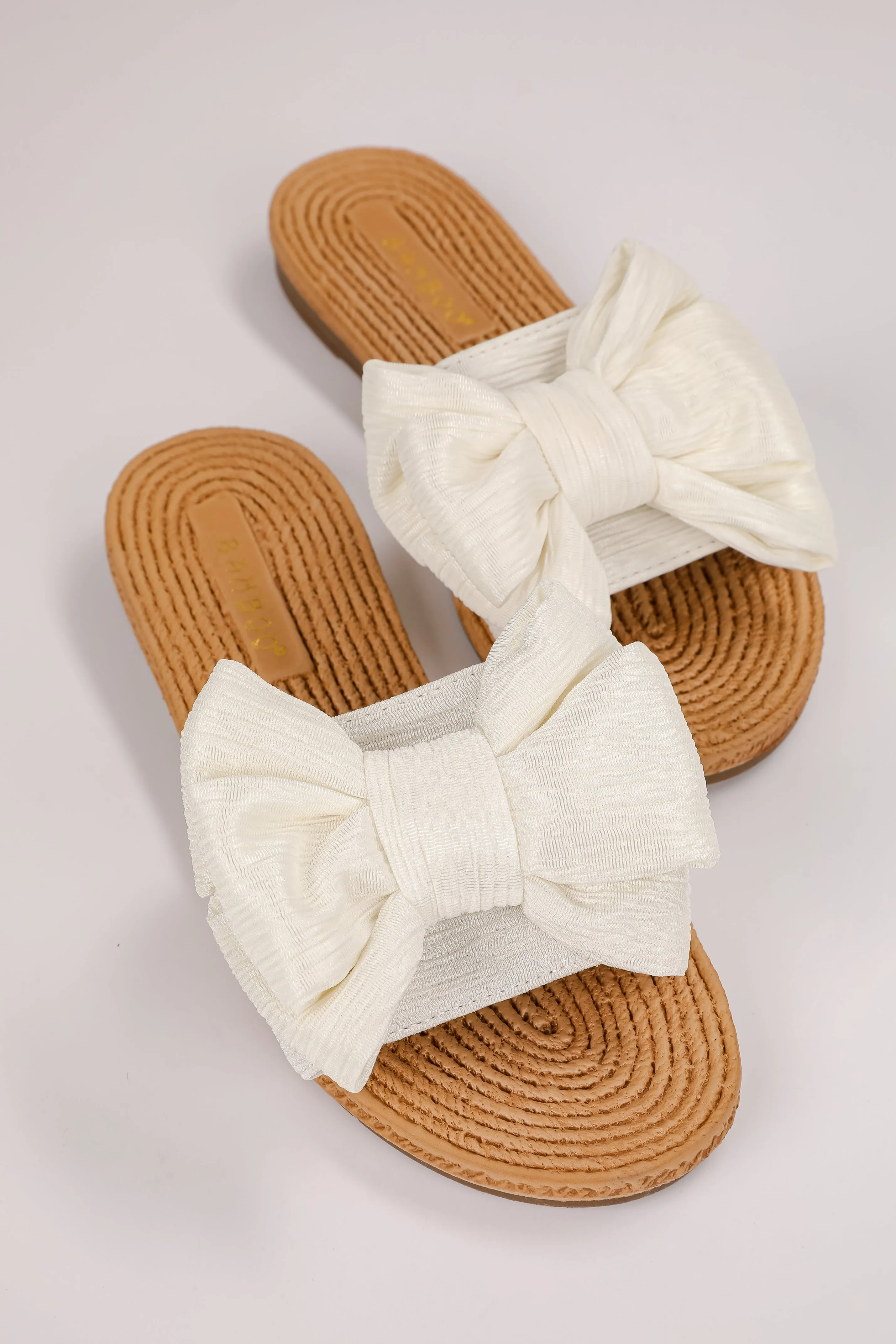 Let's Get Lost Ivory Bow Slide Sandals