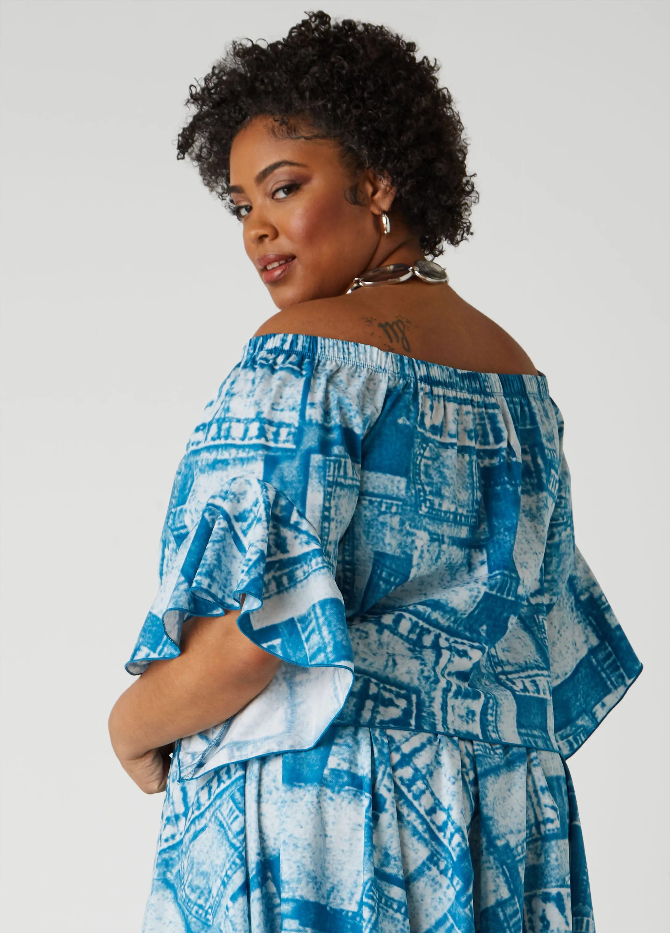Off The Shoulder Denim Print Top