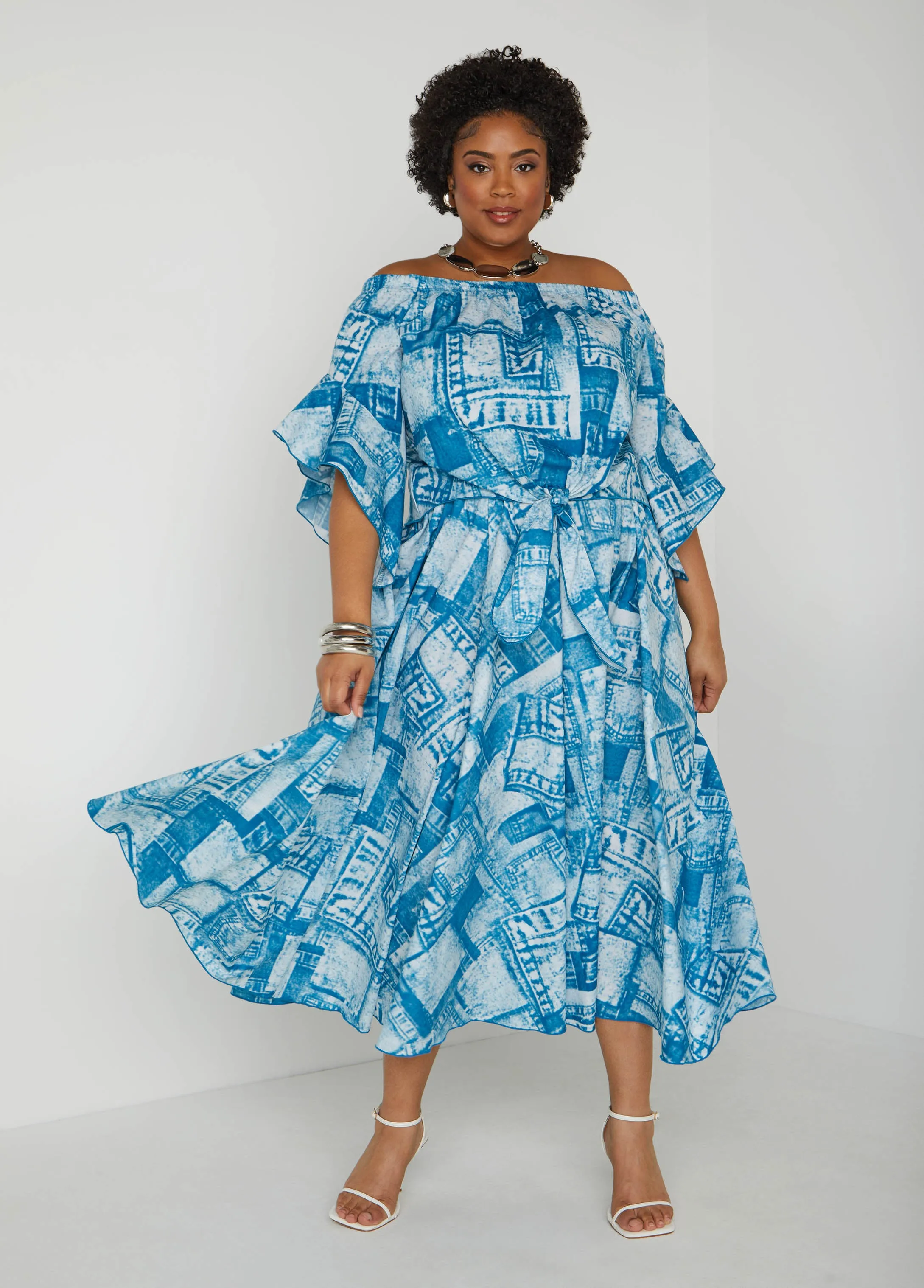 Off The Shoulder Denim Print Top