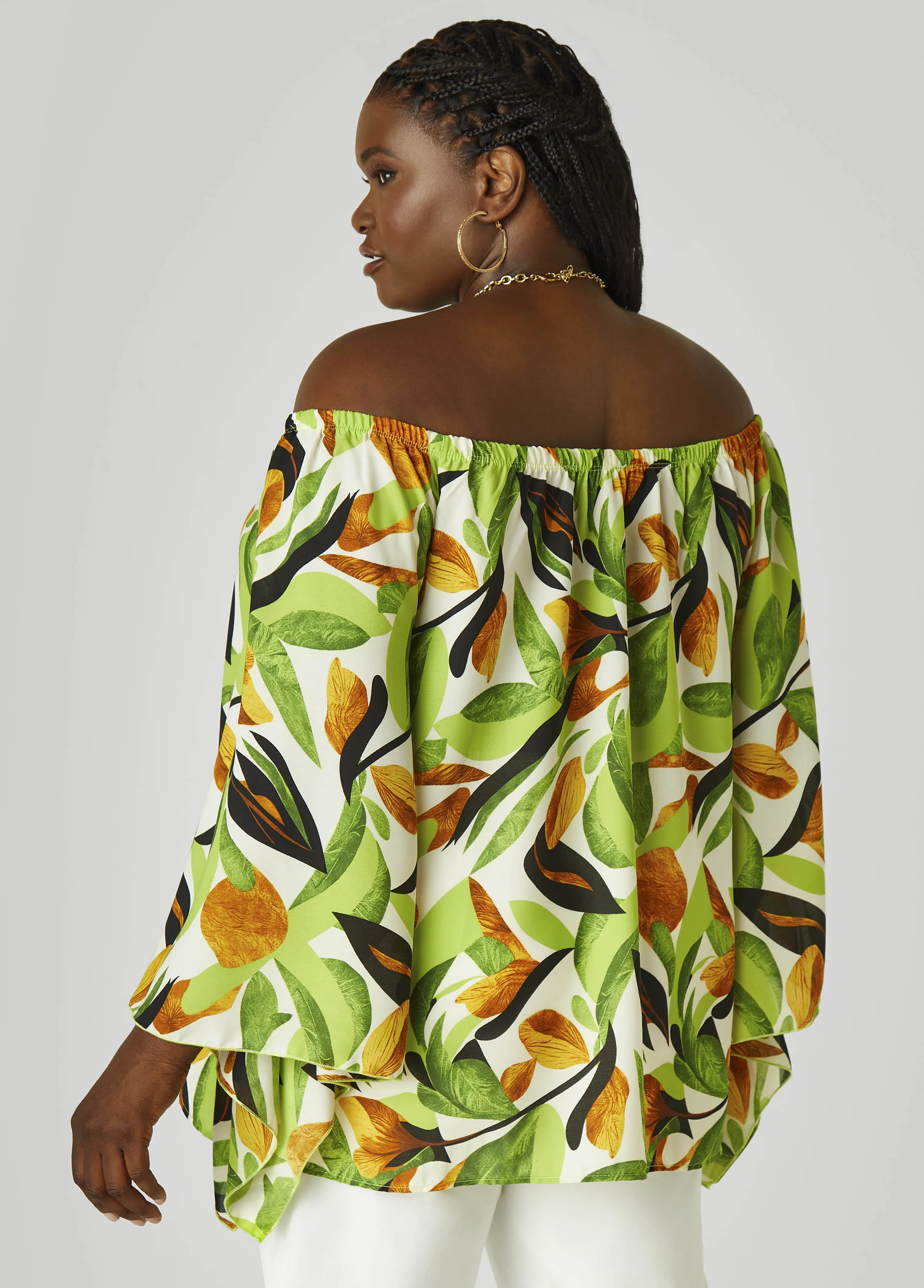 Off The Shoulder Leaf Print Blouse