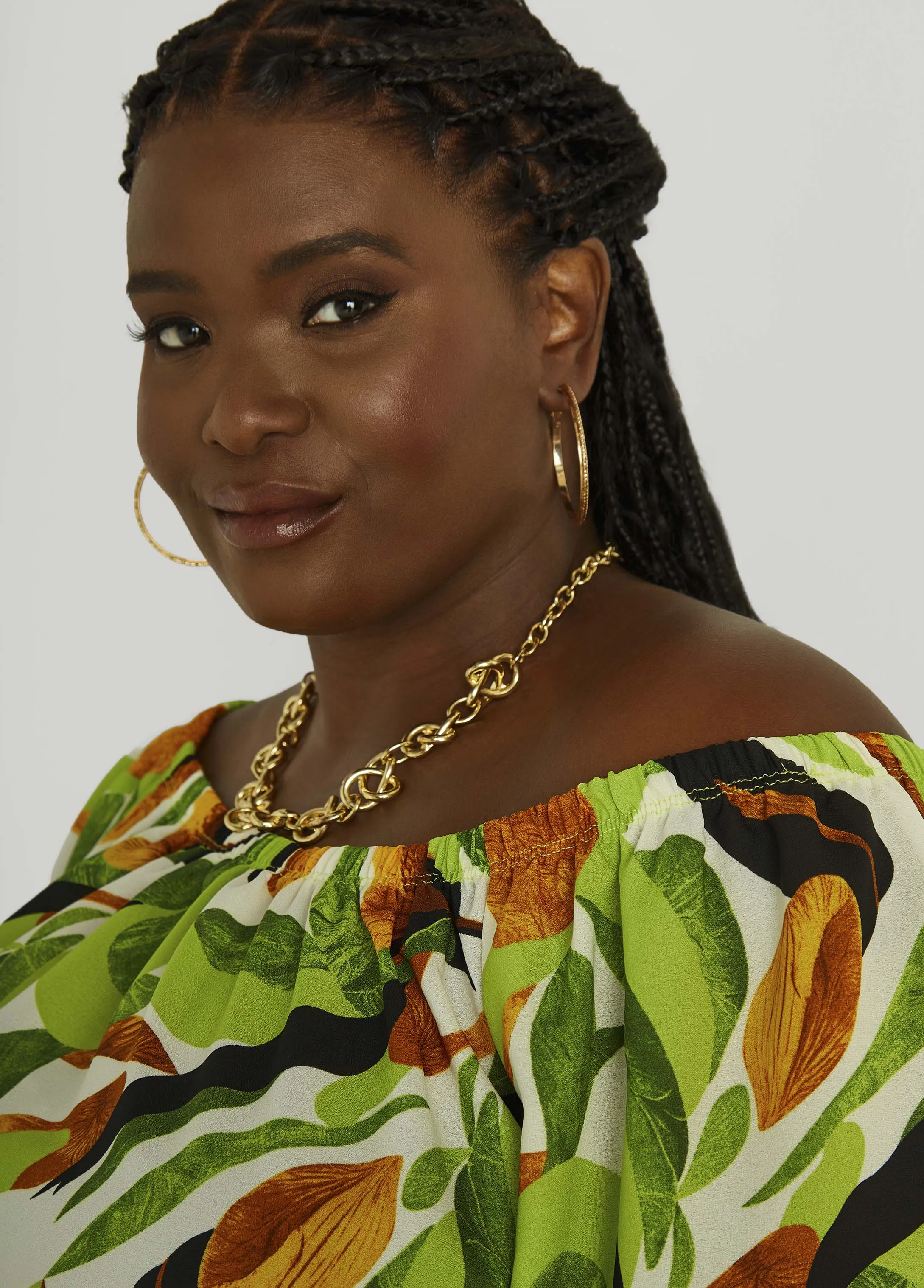 Off The Shoulder Leaf Print Blouse