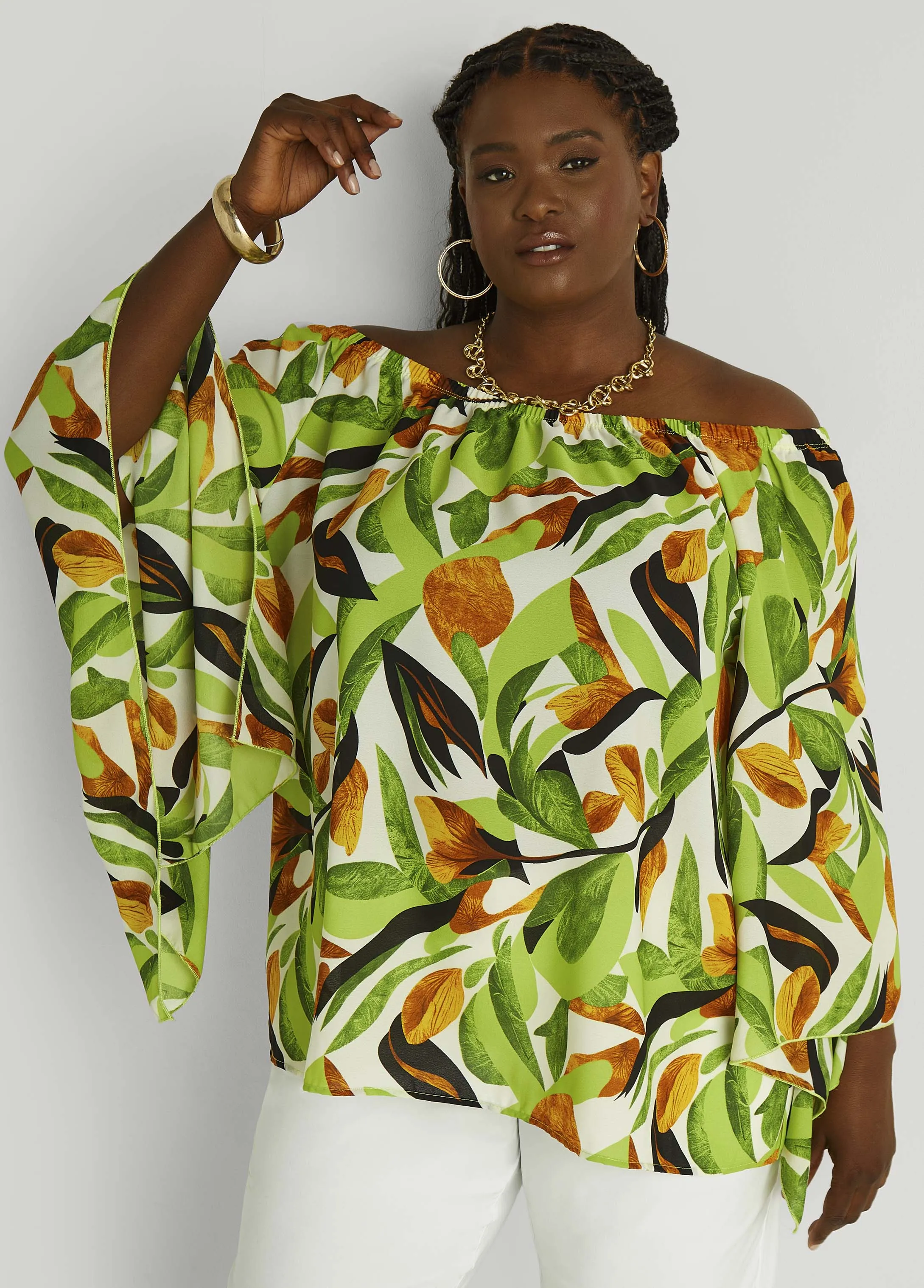 Off The Shoulder Leaf Print Blouse