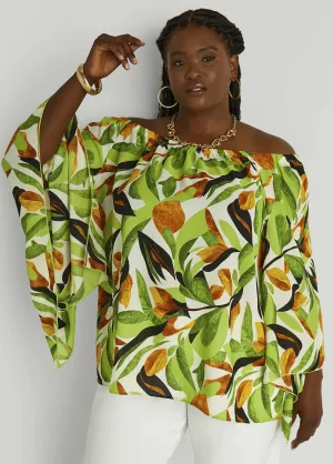 Off The Shoulder Leaf Print Blouse