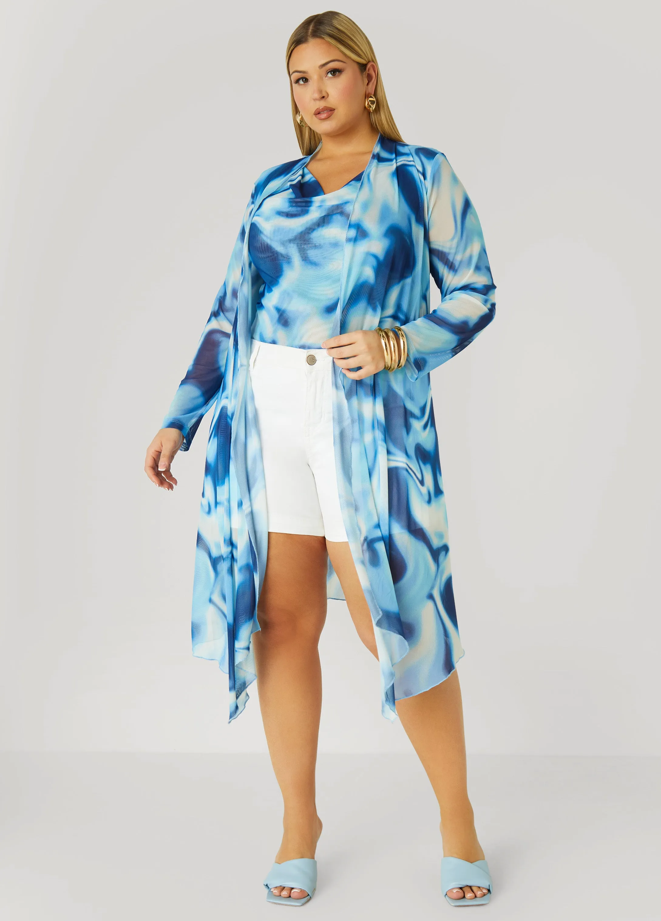 Open Front Watercolor Mesh Duster