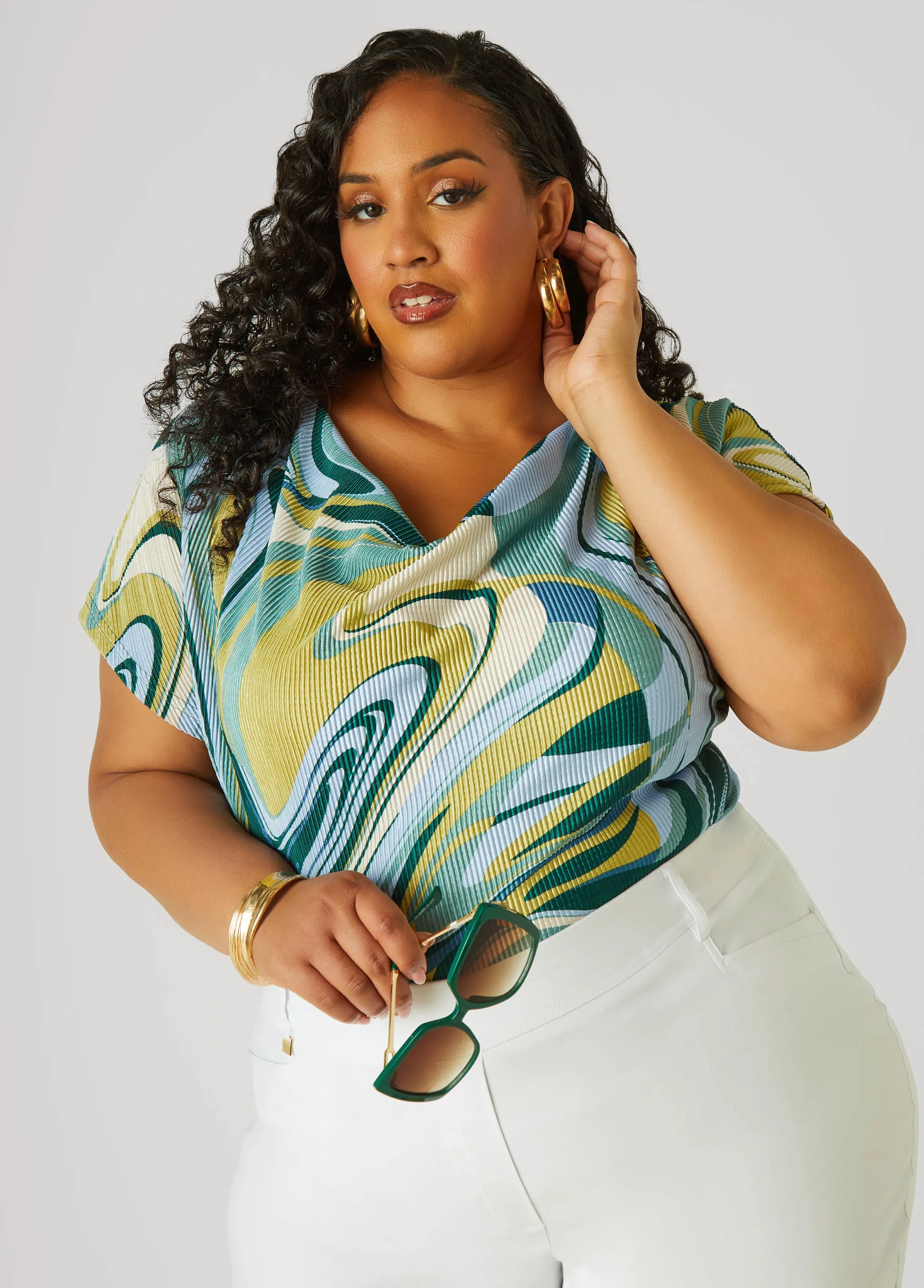 Plisse Swirl Print Top