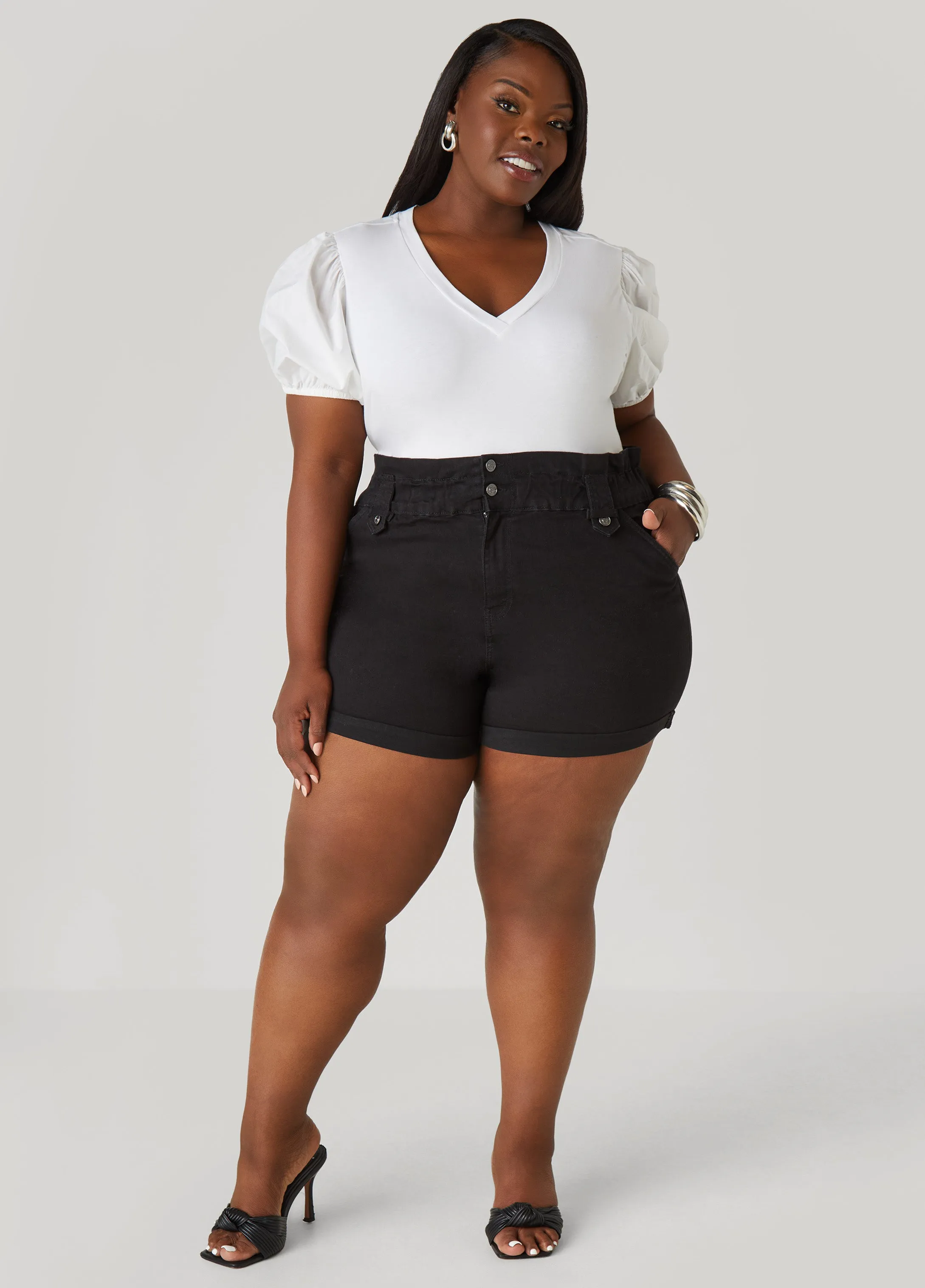 Puff Sleeve Paneled V Neck Tee