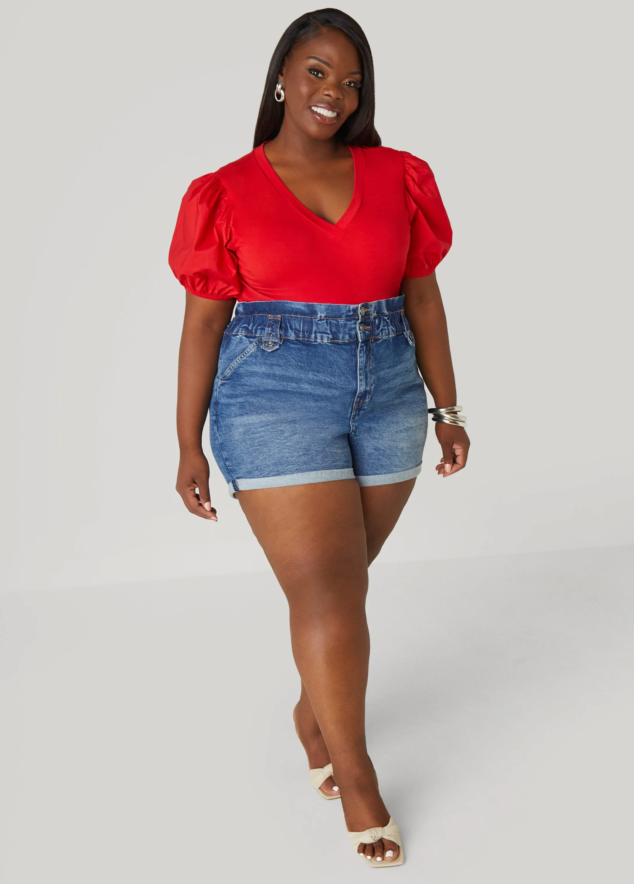 Puff Sleeve Paneled V Neck Tee