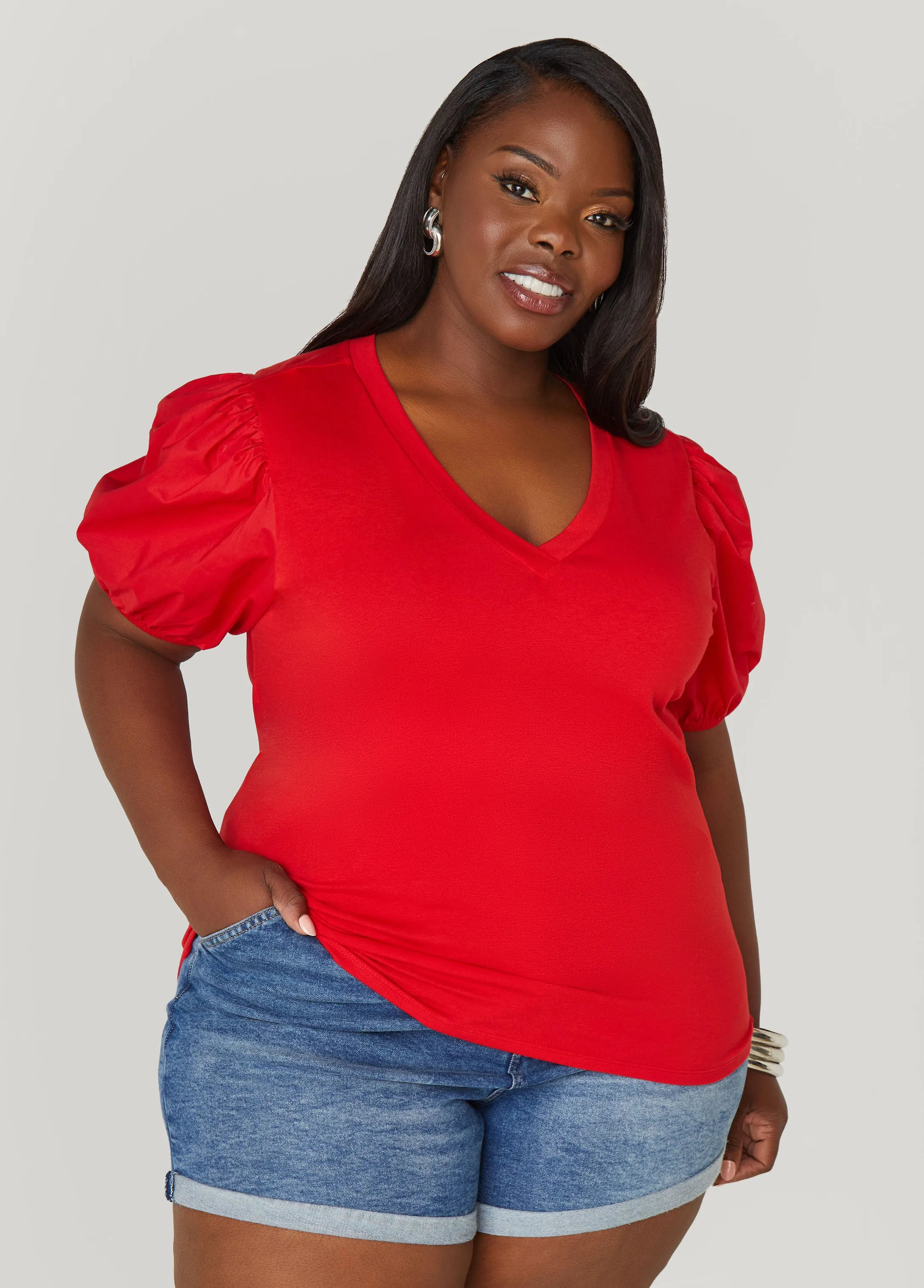 Puff Sleeve Paneled V Neck Tee