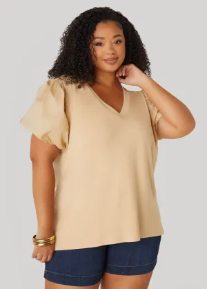 Puff Sleeve Paneled V Neck Tee