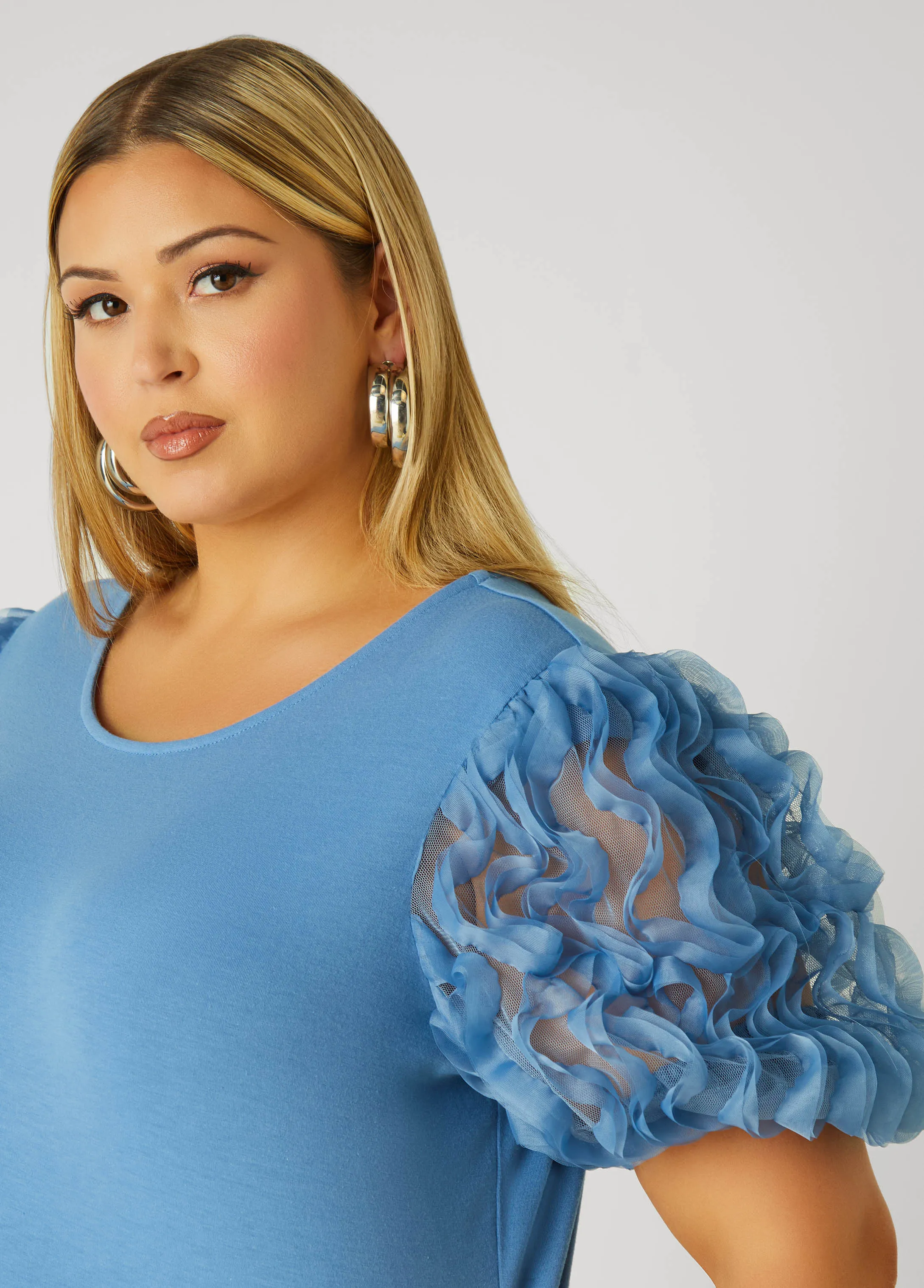 Ruffled Mesh Paneled Top