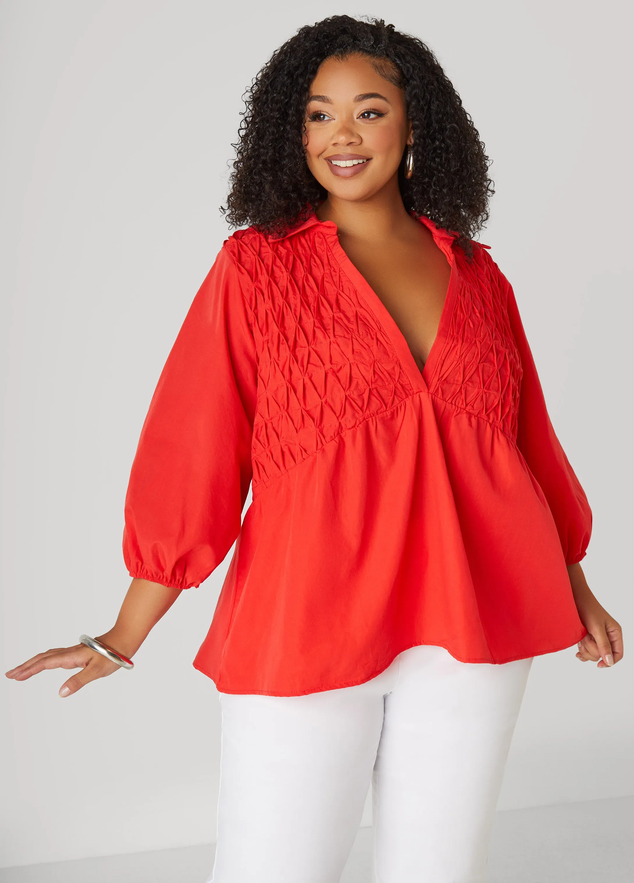 Smocked Cotton Blend Blouse