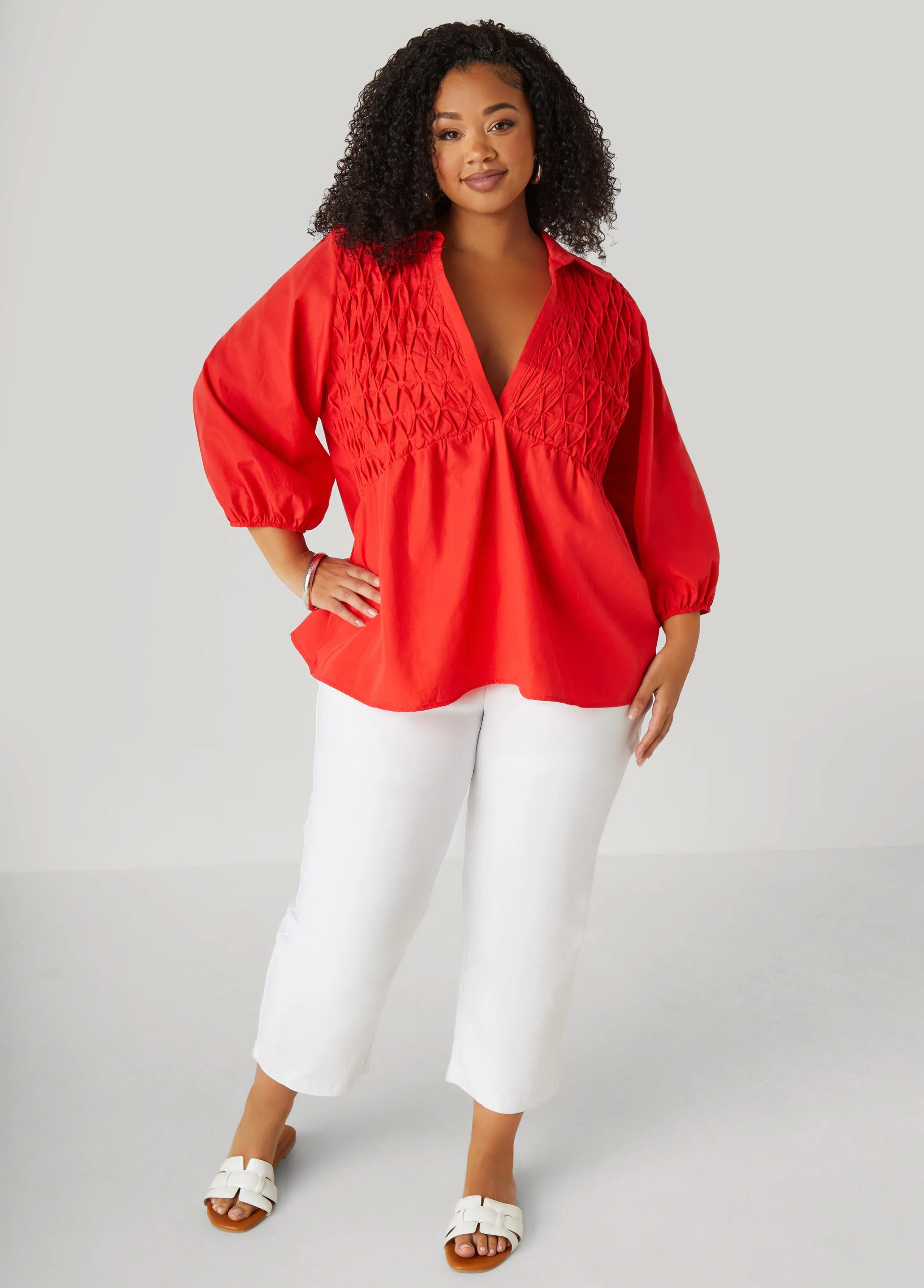 Smocked Cotton Blend Blouse