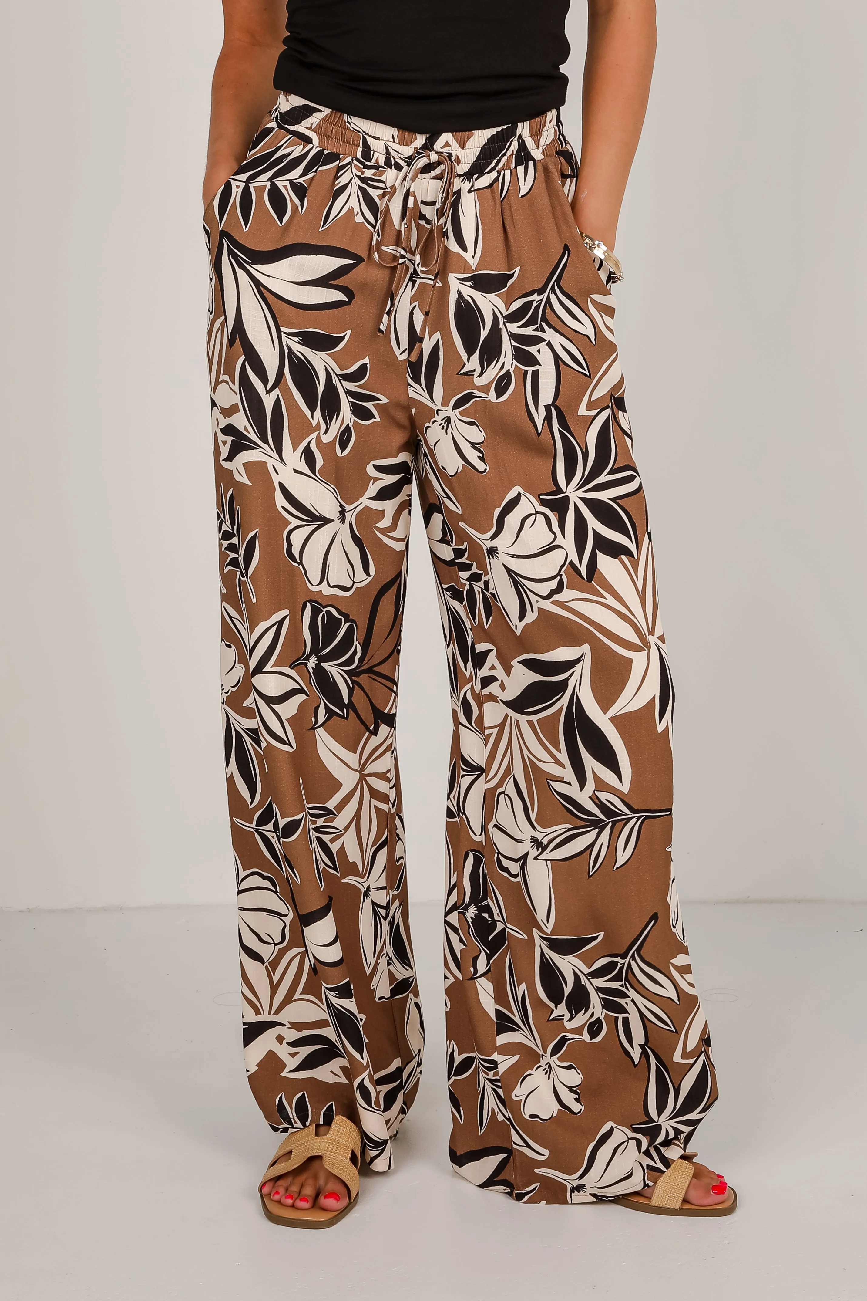 Spend Some Time Taupe Floral Wide Leg Pants