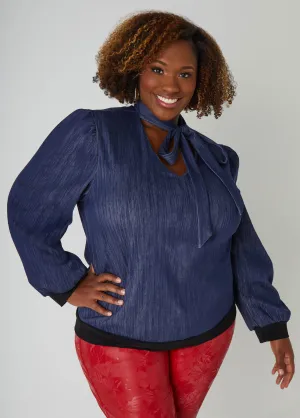 Tie Neck Textured Denim Top