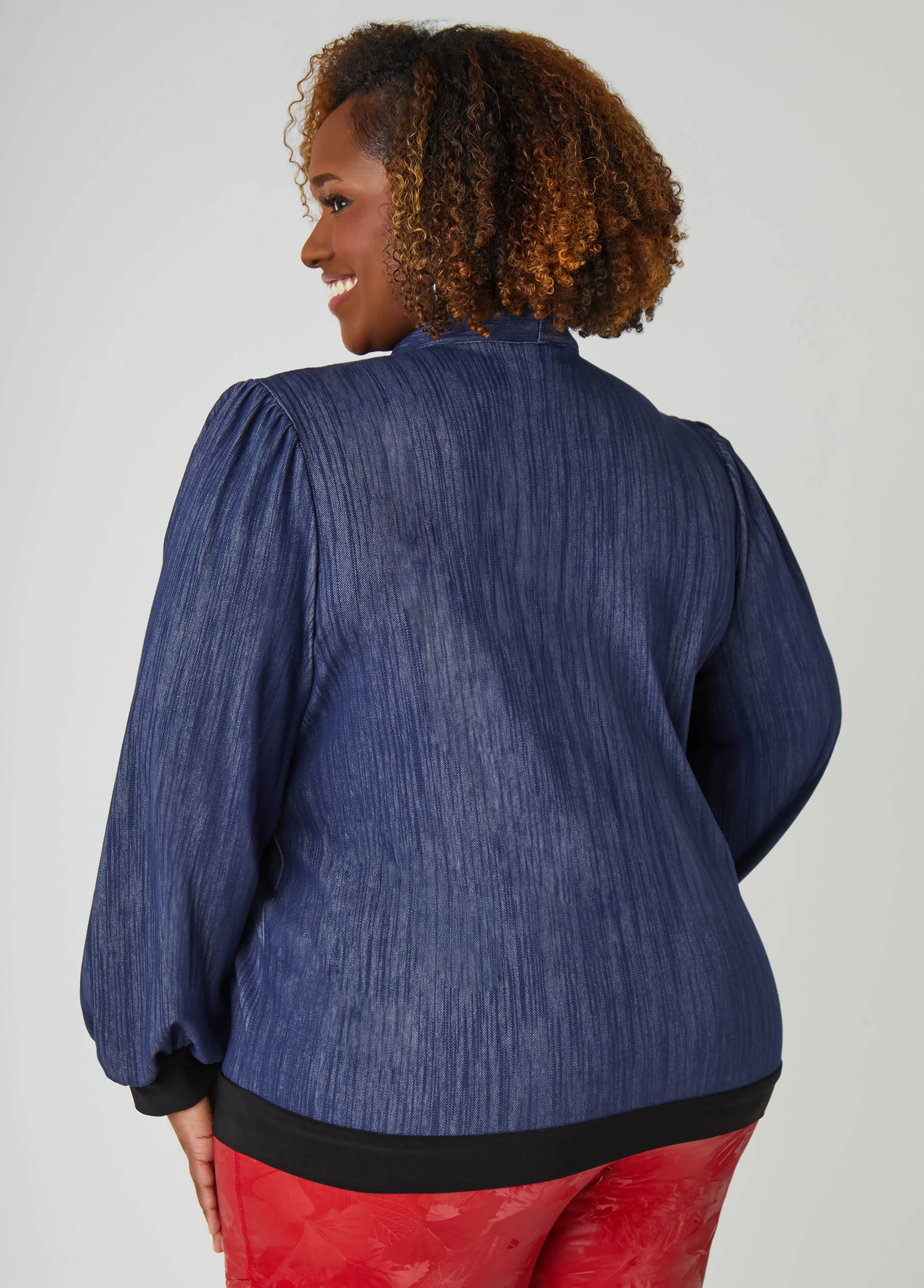 Tie Neck Textured Denim Top