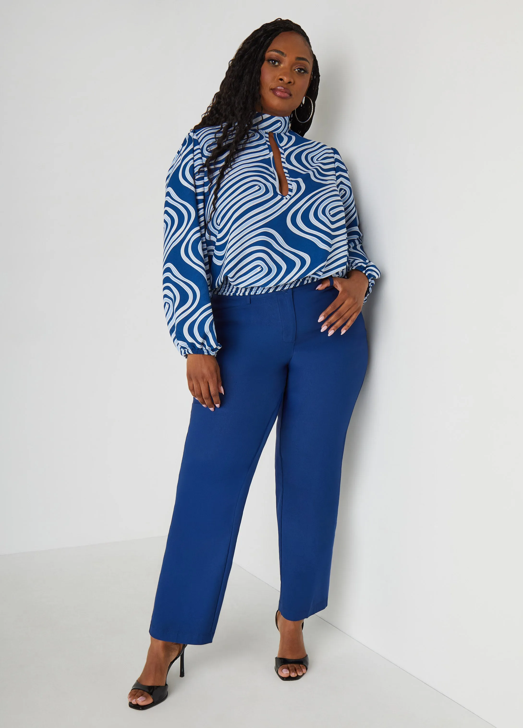 Tie Neck Wavy Print Blouse