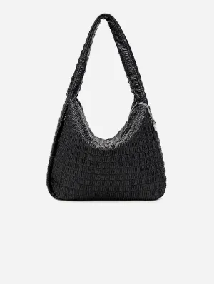 Waffle Vegan Leather Large Shoulder Bag | Black