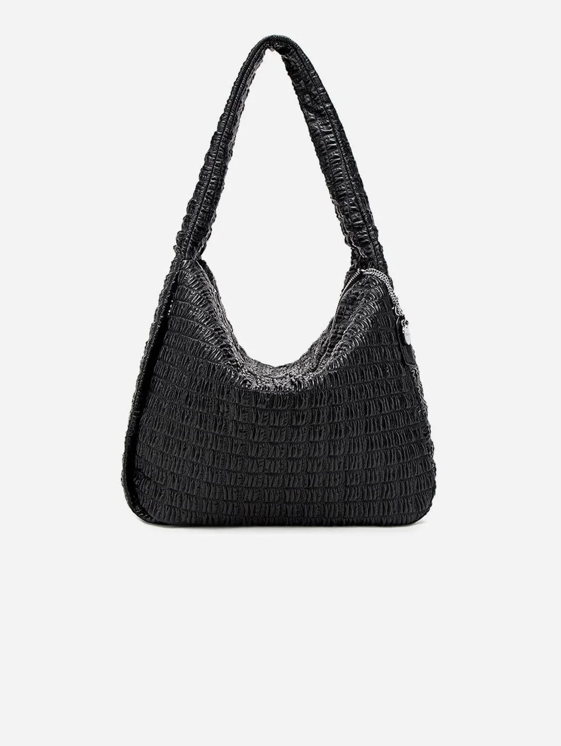 Waffle Vegan Leather Large Shoulder Bag | Black
