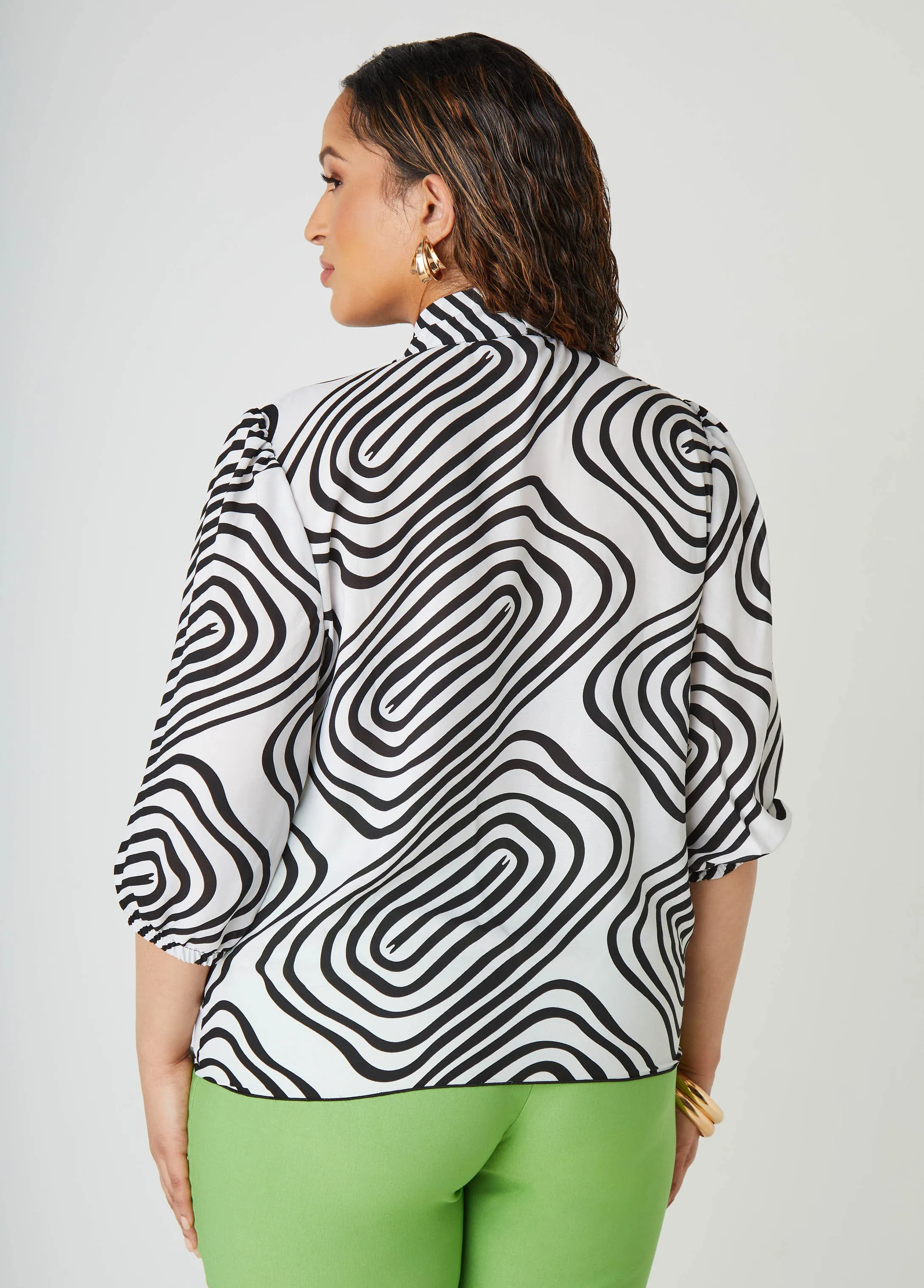 Wavy Print Tie Neck Blouse