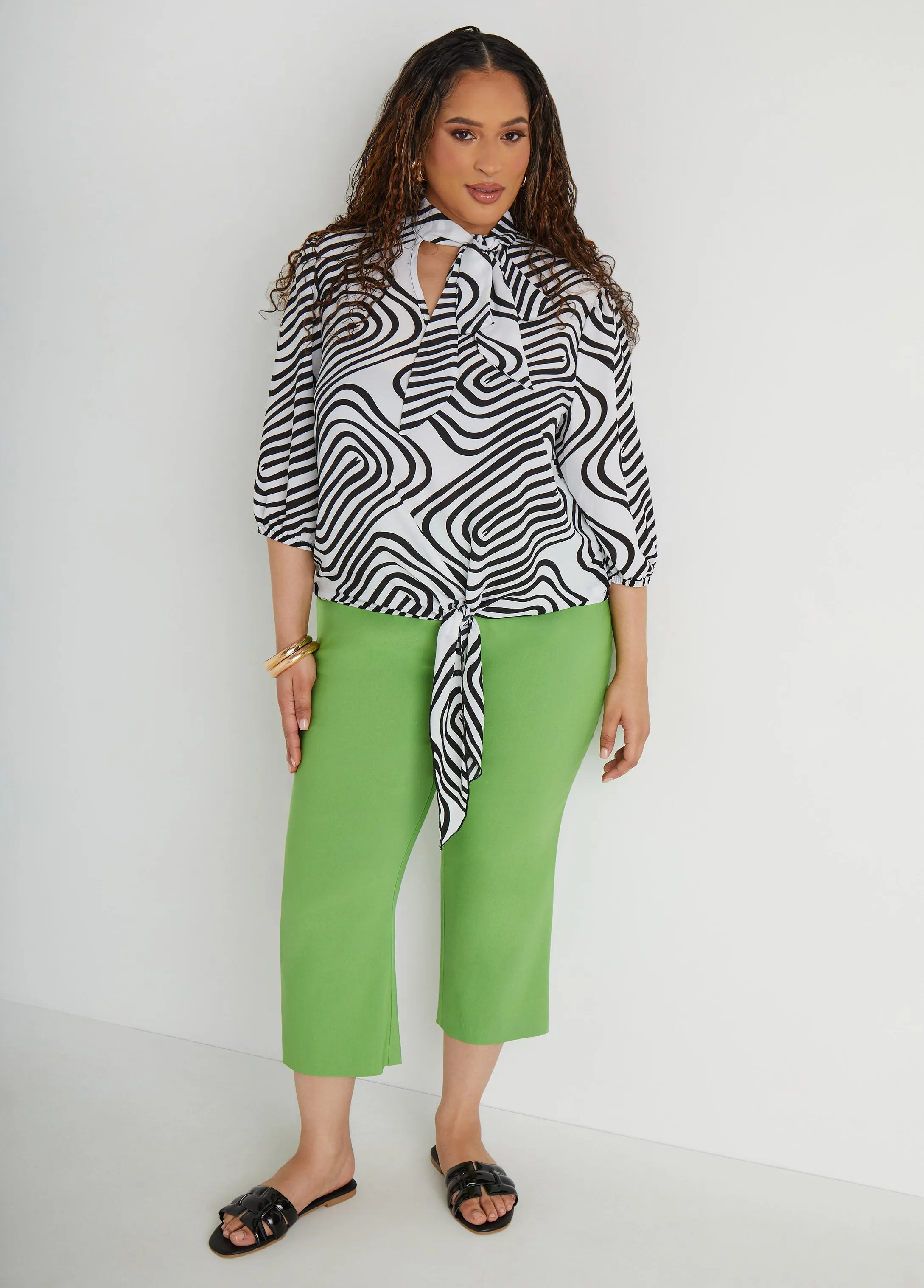 Wavy Print Tie Neck Blouse
